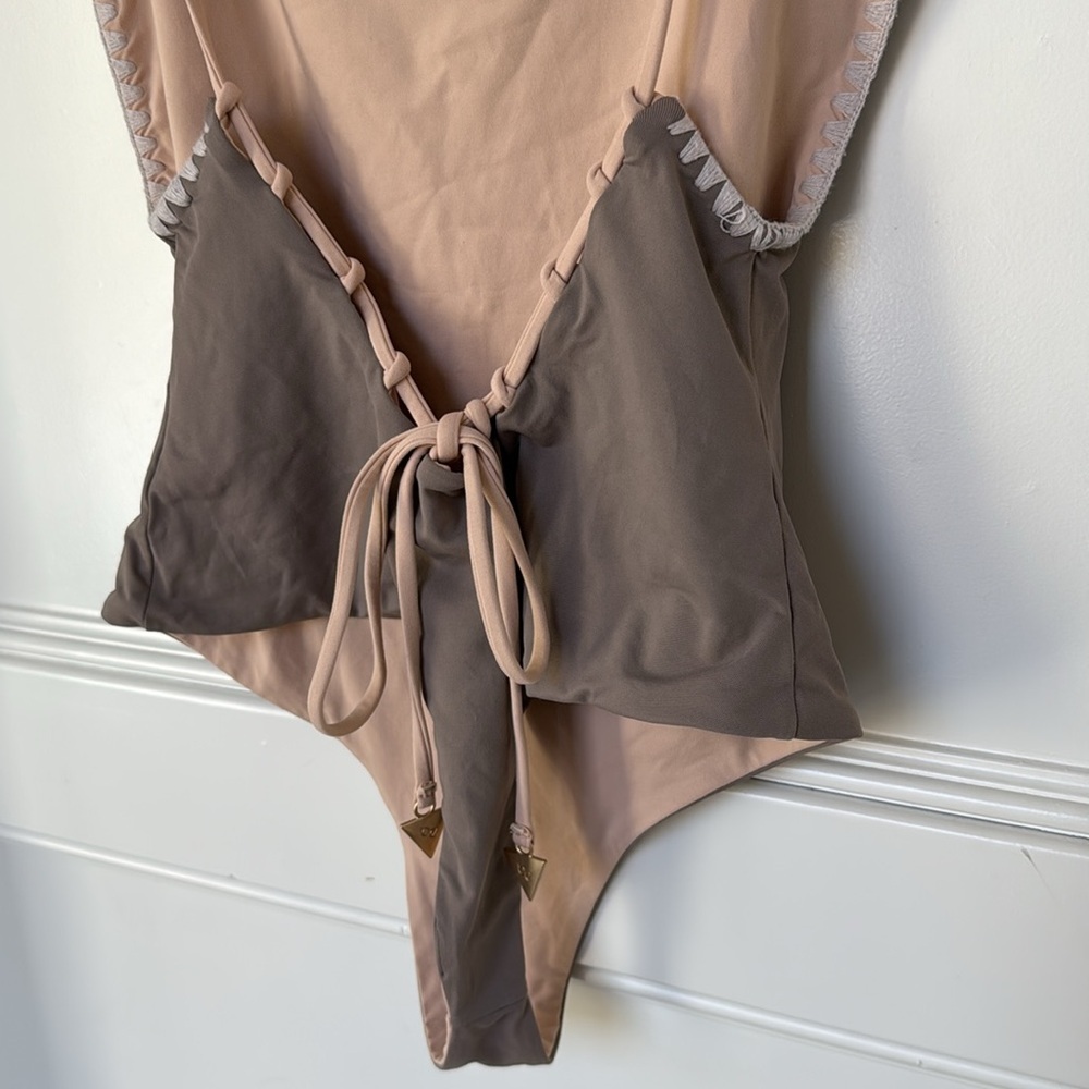 Bond-Eye Sunday Session Taupe Embroidery Lace Up Reversible Thong One Piece Swim - Picture 8 of 16